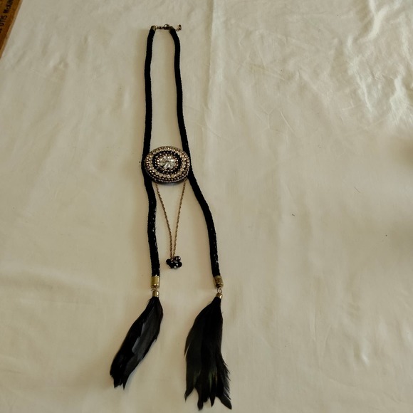 Iris Apfel & Bajalia Black-Clear Rhinestone Feathered Beaded Statement Necklace - Picture 2 of 16